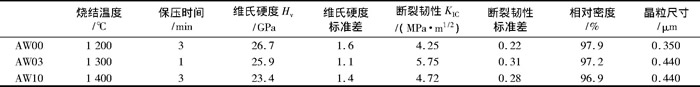表2 SPS法制備的AW00、AW03和AW10陶瓷的常溫力學(xué)性能和顯微結(jié)構(gòu)特征